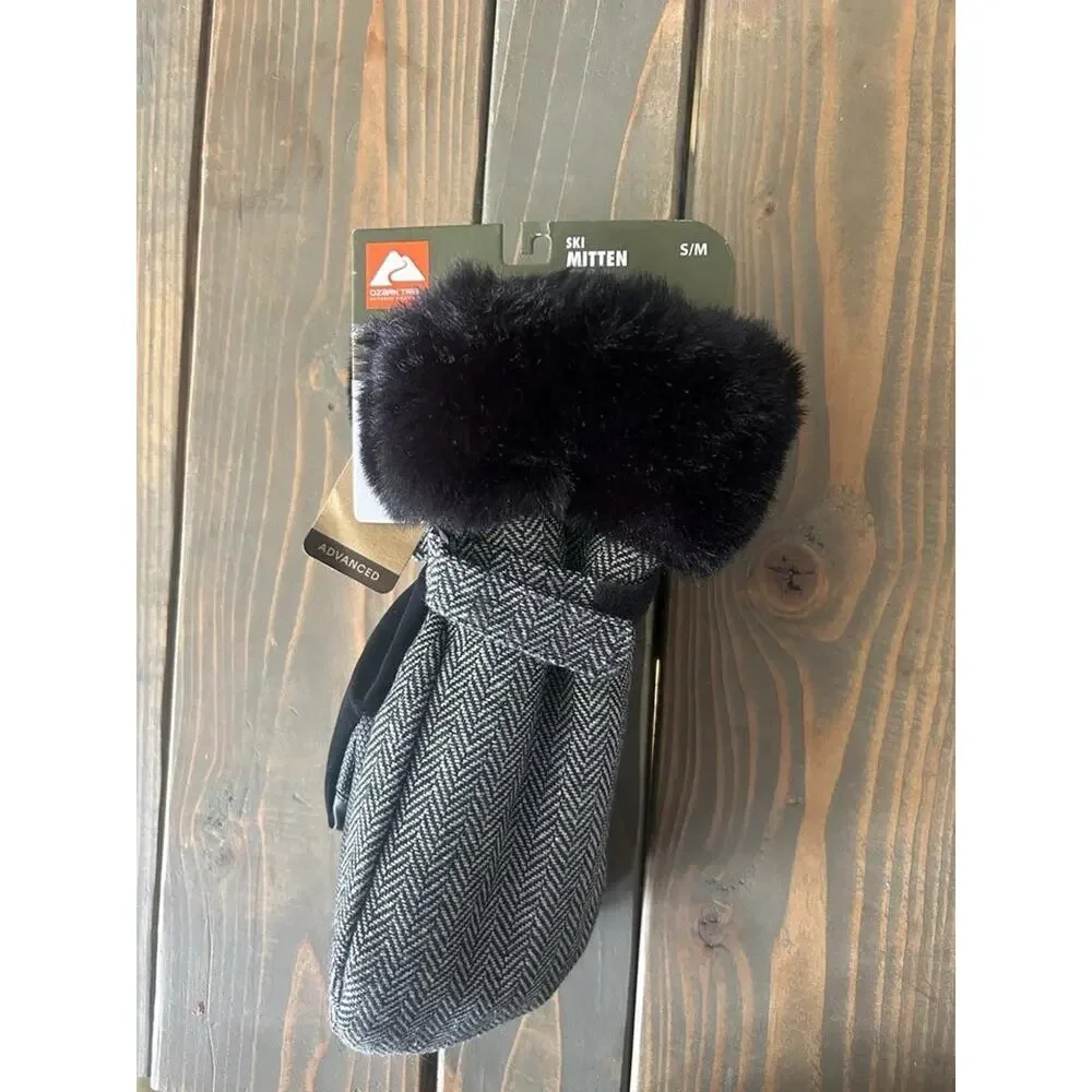 Ozark Trail Women's Gray Herringbone 3M Thinsulate Ski Mittens Faux Fur Size S/M